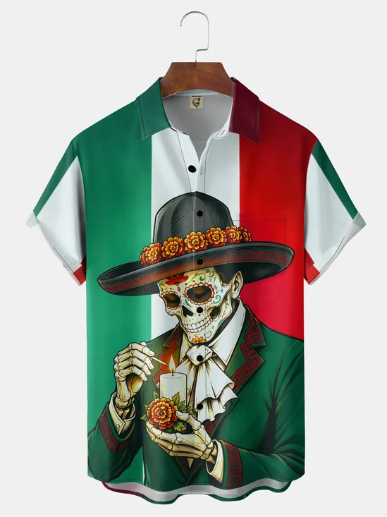 Moisture-Wicking Day Of The Dead Mexican Flag Skull Marigold Straw Hat Candle Sacrifice Chest Pocket Holiday Hawaiian Shirt