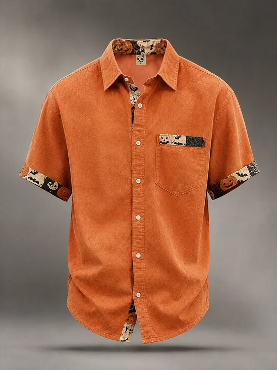 Linen-Texture Color-Block Halloween Pumpkin & Skull Chest Pocket Casual Shirt