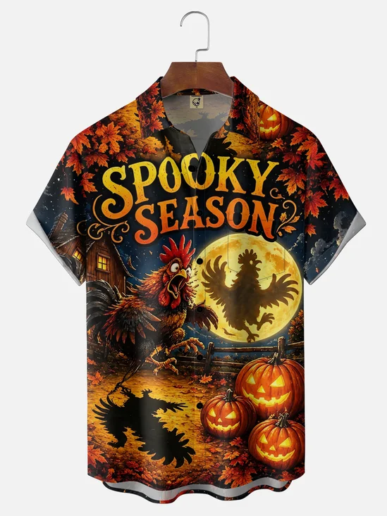 Moisture-Wicking Halloween Scream Night Pumpkin & Rooster Chest Pocket Hawaiian Shirt