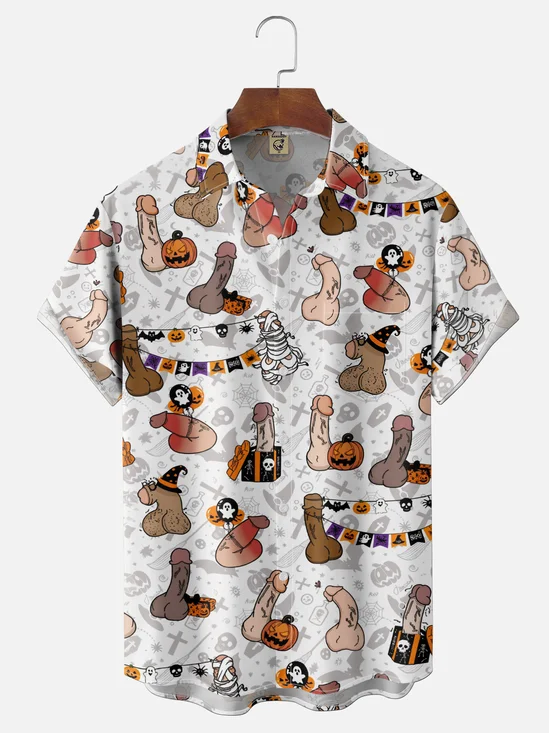 Moisture-Wicking Halloween Phallic Ghost Pumpkin Print Chest Pocket Hawaiian Shirt