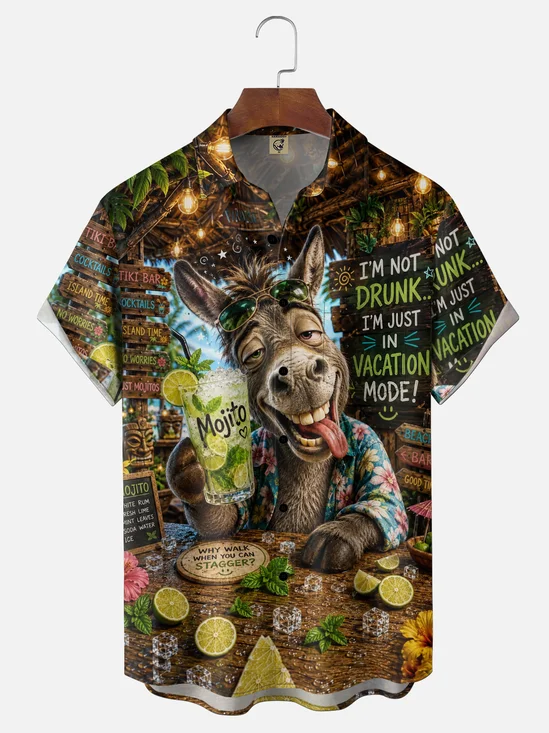 Moisture-wicking "I'M NOT DRUNK I'M JUST IN VACATION MODE!" Quirky Donkey Mojito Chest-Pocket Hawaiian Shirt