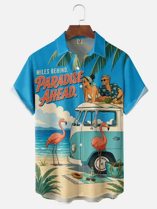 Moisture-Wicking “PARADISE AHEAD” American Vintage Bus Beach Flamingo Palm Leaf Chest Pocket Hawaiian Shirt