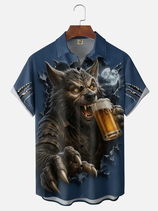 Moisture-Wickng Halloween Beer Werewolf Chest-Pocket Hawaiian Shirt