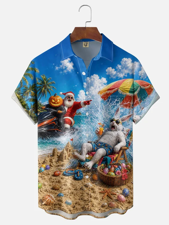 Moisture-Wicking Christmas Santa Surfing Halloween Pumpkins Easter Eggs Bunnies Chest Pocket Hawaiian Shirt