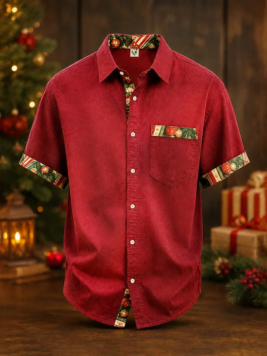 Linen-Texture Solid-Color Panel Christmas Tree Stripe Detail Chest Pocket Casual Shirt
