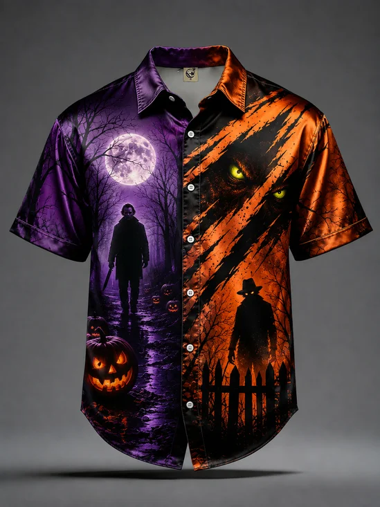 Breathable Silk Satin  Halloween Pumpkin Monster Spooky Night Casual Shirt
