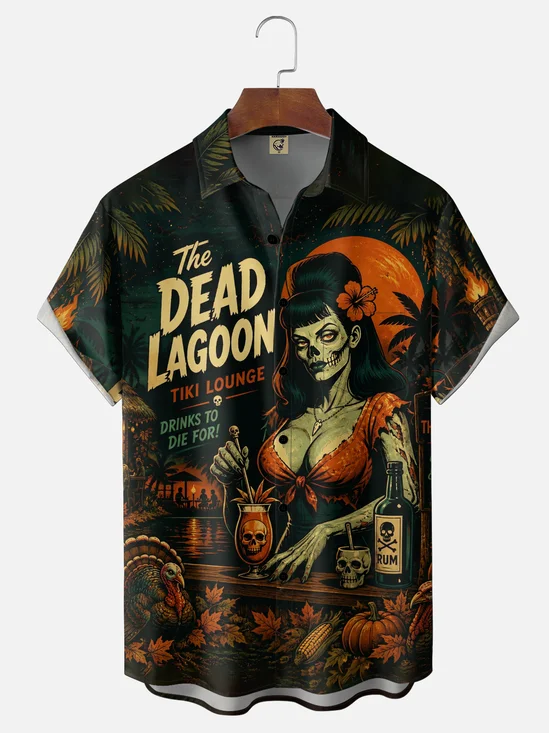 Moisture-wicking Halloween Pumpkin Female Bartender "The DEAD LAGOON Tiki Lounge  Drinks to die for!" Chest Pocket Hawaiian Shirt