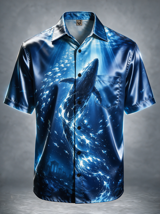 Breathable Silk Satin Deep-Sea Ruins Whale Chest Pocket Casual Hawaiian Shirt