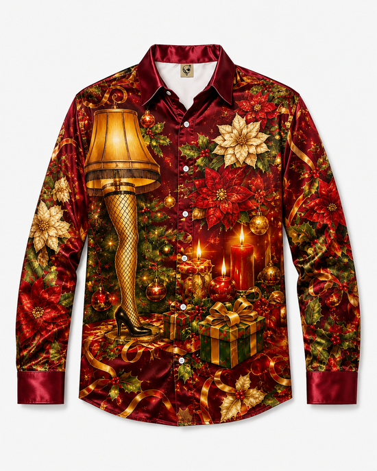 Breathable Silk Satin Long-Sleeve Christmas Leg-Lamp Chest Pocket Casual Shirt