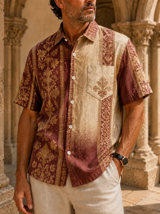 Linen-Texture Abstract Geometric Stripes Mediterranean Botanical Floral Chest Pocket Casual Shirt