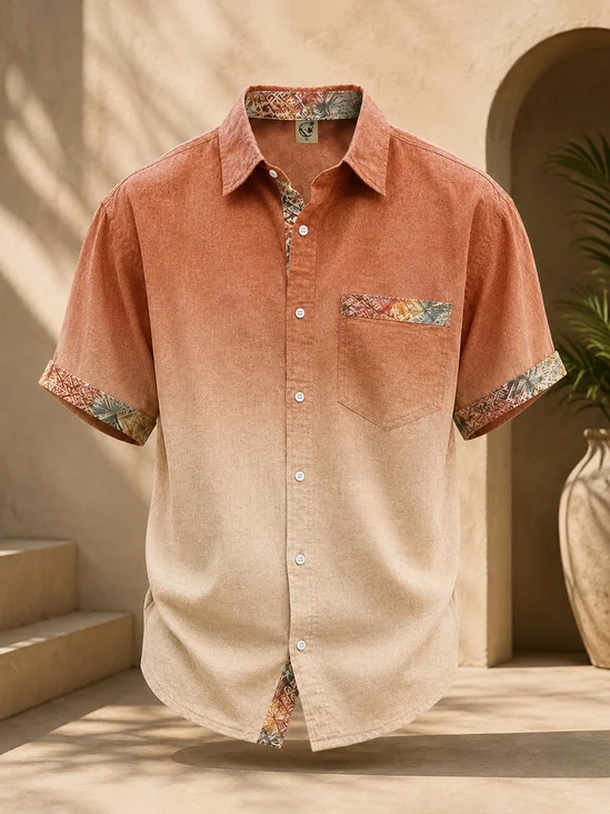 Linen-Texture  Solid-Color Paneling Abstract Geometric Check Pattern Chest Pocket Casual Shirt