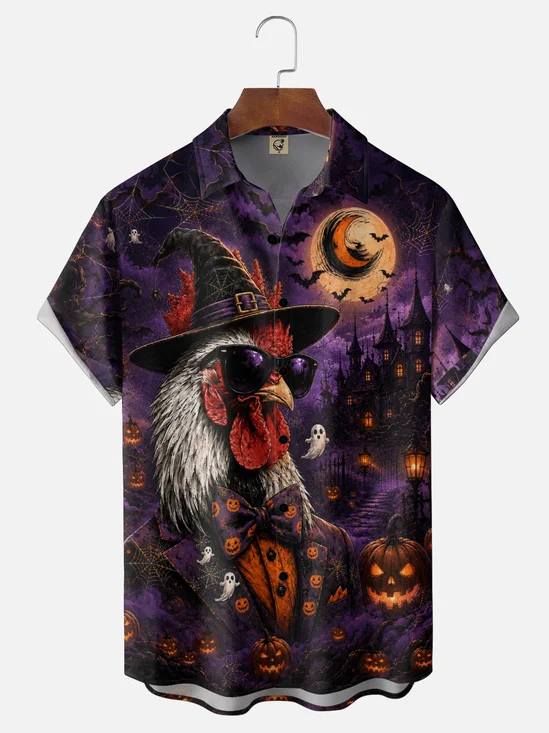 Moisture-Wicking Halloween "Scream Night" Pumpkin  Rooster Chest-Pocket Hawaiian Shirt