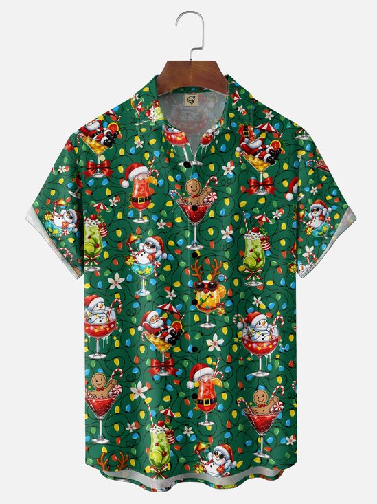 Moisture-Wicking Christmas Santa Snowman Cocktails Santa Hat String Lights Chest Pocket Hawaiian Shirt