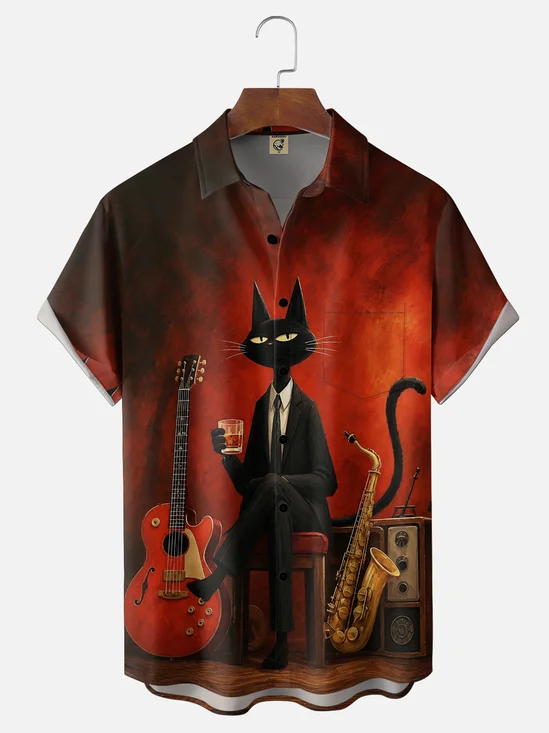Moisture-Wicking Retro Jazz Black Cat Chest-Pocket Hawaiian Shirt