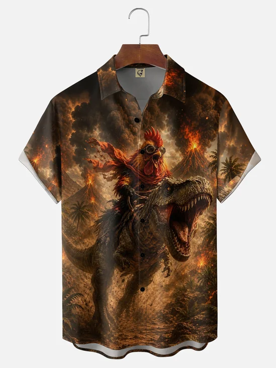 Moisture-Wicking Fun "Rooster-Riding-a-Dinosaur" Chest Pocket Hawaiian Shirt