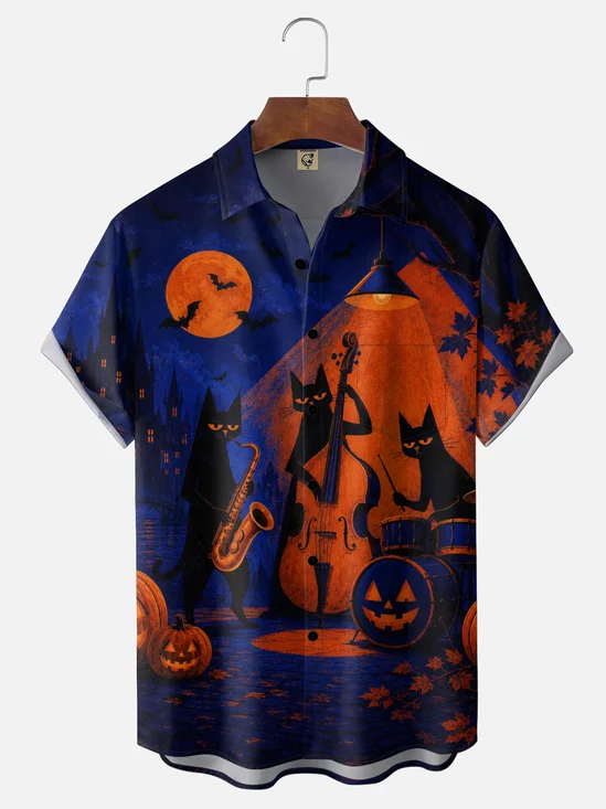 Moisture-Wicking Halloween Pumpkin Spider Bat Cat Music Party Chest-Pocket Hawaiian Shirt