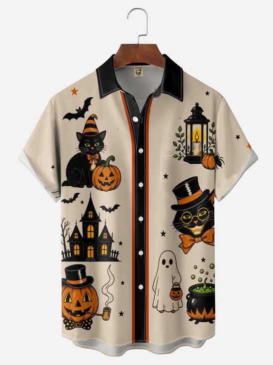 Moisture-Wicking Halloween Black Cat Pumpkin Castle Ghost  Chest Pocket Hawaiian Shirt