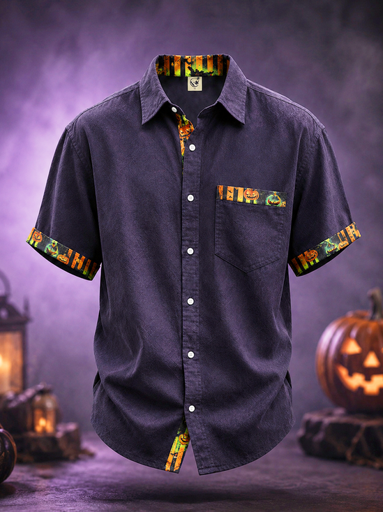 Moisture-Wicking Halloween Solid-Panel Pumpkin & Skull Chest-Pocket Hawaiian Shirt
