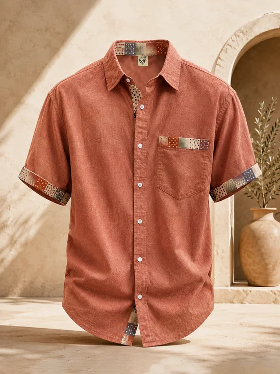 Linen-Texture  Solid-Color Paneling Abstract Geometric Check Pattern Chest Pocket Casual Shirt
