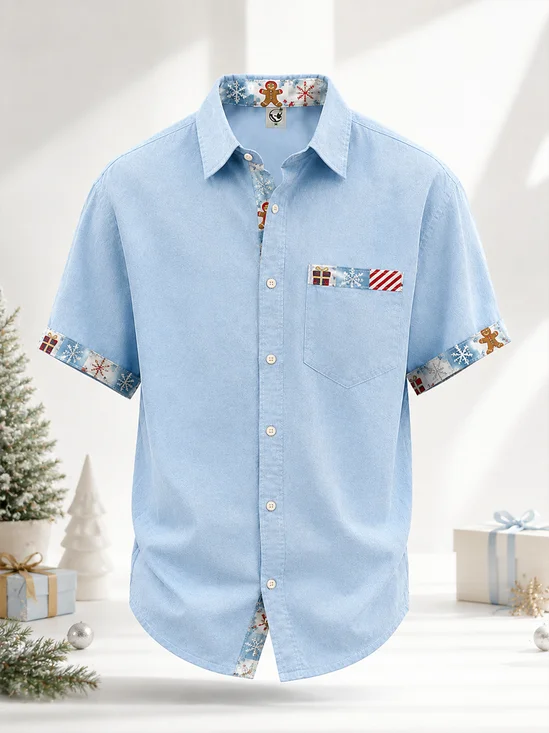 Linen-Texture Solid-Color Panel Christmas Tree Stripe Detail Chest Pocket Casual  Shirt
