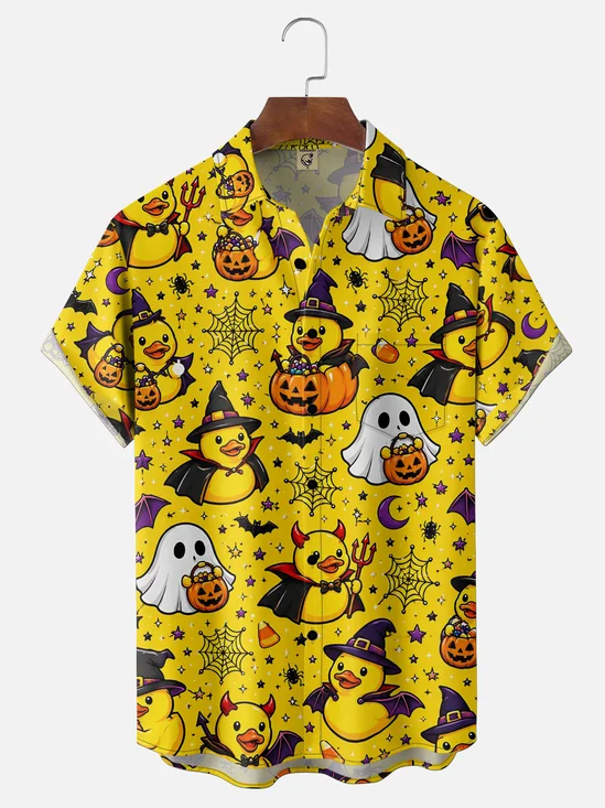 Moisture-Wicking  Halloween Pumpkin Ghost Bat Vampire Duck Print Chest Pocket Hawaiian Shirt