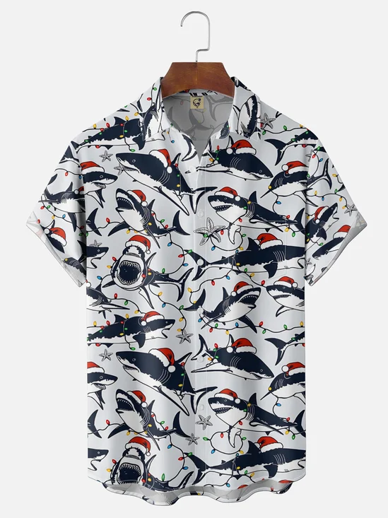 Moisture-Wicking Christmas Shark In Santa Hat & String Lights Chest Pocket Hawaiian Shirt