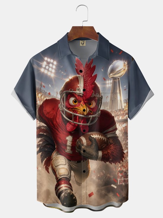 Moisture-Wicking American Cartoon Stadium Audience Rooster Football Trophy Chest Pocket Holiday Hawaiian Shirt