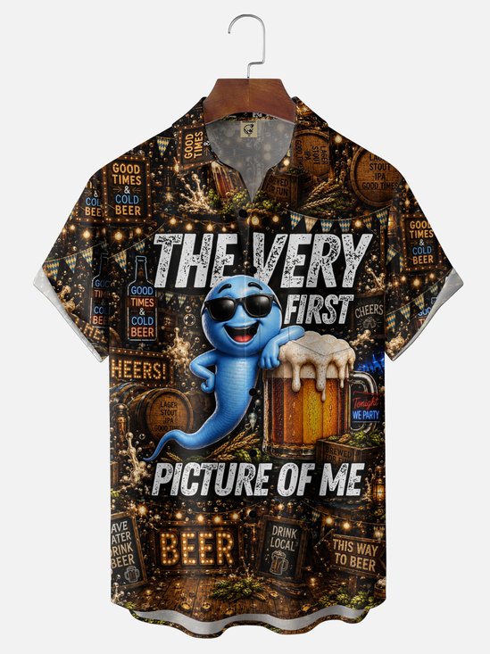 Moisture-wicking Fun "THE VERY FIRST PICTURE OF ME" Beer Party Chest Pocket Hawaiian Shirt