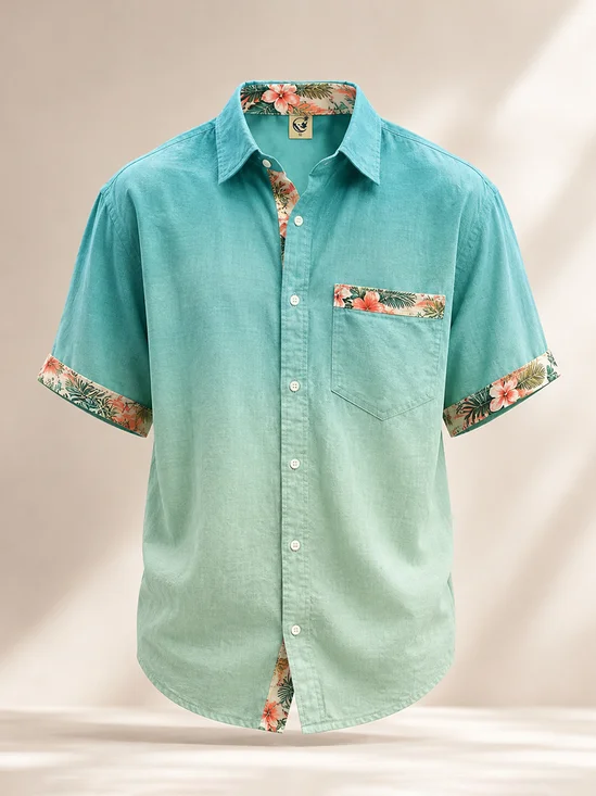 Linen-Texture Color-Block Tropical Leaf Print Chest Pocket Casual Shirt