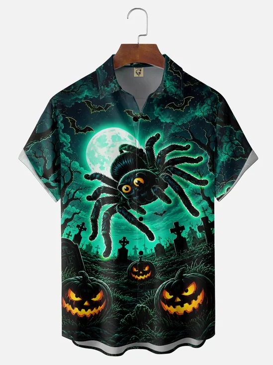 Moisture-Wicking Halloween Pumpkin & Spider Print Chest Pocket Hawaiian Shirt