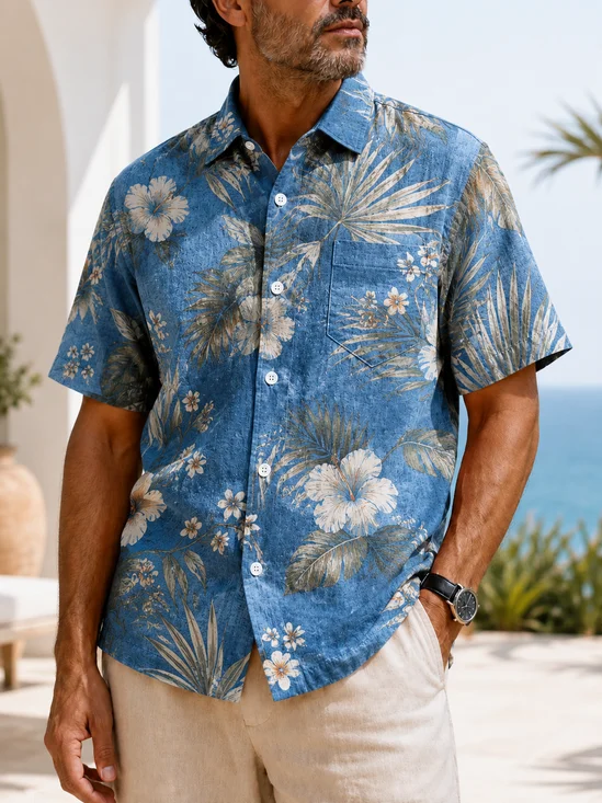 Linen-Texture Tropical Leaf Print Chest Pocket Casual Shirt