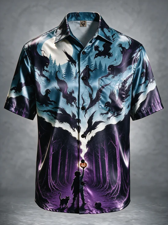 Breathable Silk Satin Halloween Dark Forest Ghost Crow Chest Pocket Holiday Hawaiian Shirt