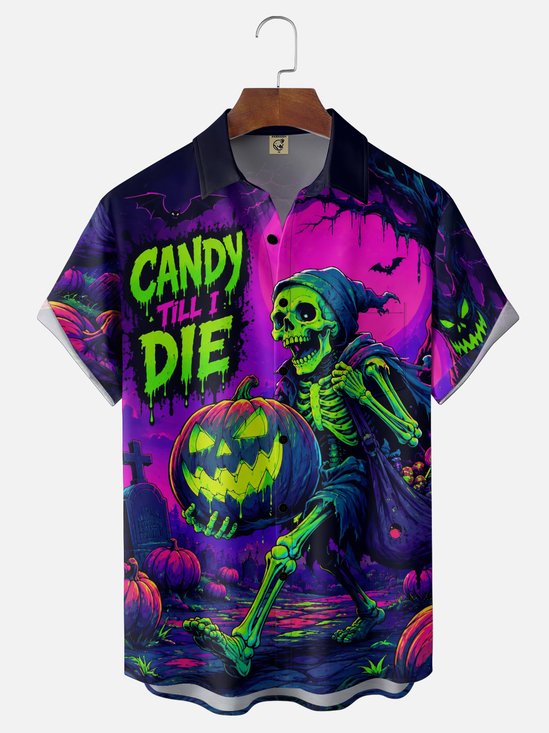 Moisture-Wicking Halloween American Comics “CANDY TILL I DIE” Skull Pumpkin Tombstone Chest Pocket Holiday Hawaiian Shirt