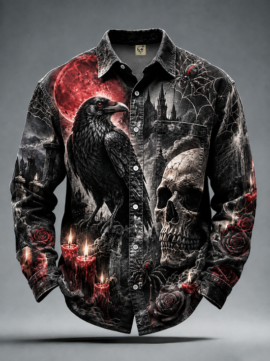 Moisture-Wicking Halloween/Day of the Dead Theme Castle Raven Skull Chest Pocket Long-Sleeve Casual Shirt