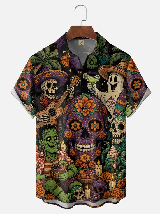 Moisture-Wicking Vintage Day of the Dead Monster Party Skull Chest Pocket Holiday Hawaiian Shirt
