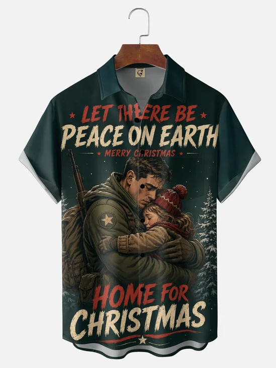 Moisture-Wicking Christmas American-Style Soldiers Children Vintage Slogan “Peace On Earth“ Chest Pocket Holiday Hawaiian Shirt
