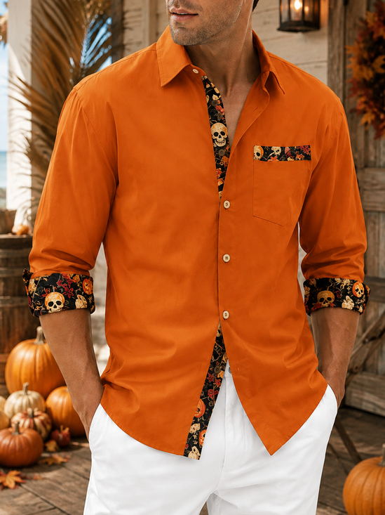 Moisture-Wicking Halloween  Solid-Color Paneling and Pumpkin/Skull Chest Pocket Casual Long-Sleeve Shirt