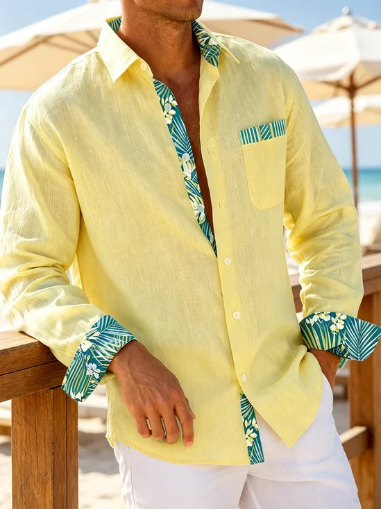Linen-Texture Color-Block Tropical Leaf  Floral Print Chest Pocket Casual Long-Sleeve Shirt