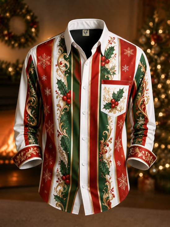 Moisture-Wicking Christmas-Themed Striped Trim and Chest Pocket  Long-Sleeve Casual Shirt