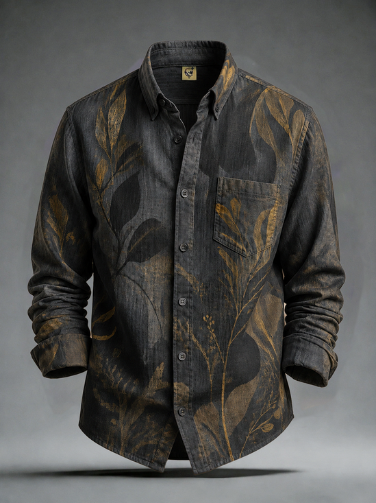 Moisture-Wicking  Tropical Leaf and Floral Chest Pocket Long-Sleeve Casual Shirt