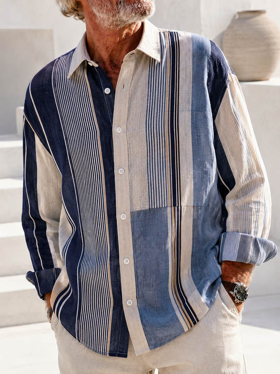 Linen-Texture Abstract Geometric Stripe Casual Long-Sleeve Shirt