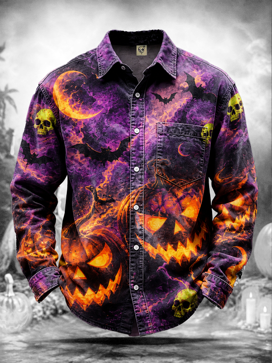 Moisture-Wicking Halloween Pumpkin & Skull Print Chest Pocket Casual Long-Sleeve Shirt