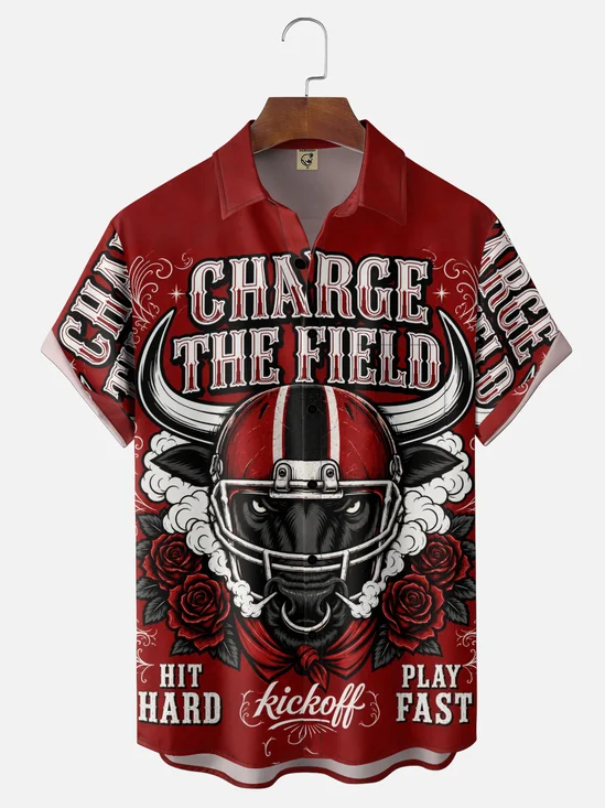 Moisture-Wicking American-Style Vintage “Charge The Field” Football Bull Helmet Rose Chest Pocket Holiday Hawaiian Shirt