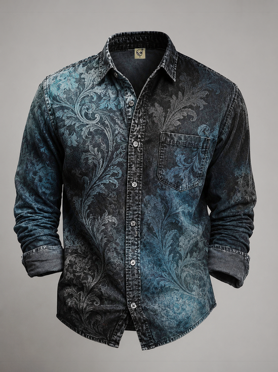 Moisture-wicking Retro Botanical Leaf Floral Chest Pocket Casual Long-Sleeve Shirt