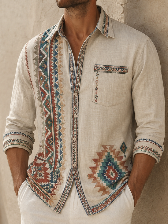 Linen-Texture  Abstract Geometric Ethnic Plaid  Chest Pocket Chest Pocket Casual Long-Sleeve Shirt