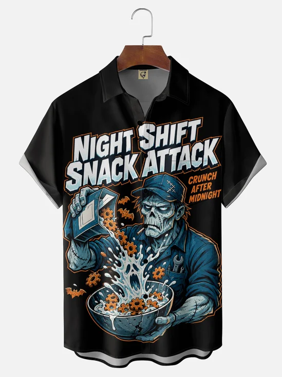 Moisture-Wicking Halloween Fun Comic Zombie Slogan "Night Shift Snack Attack" Chest Pocket Holiday Hawaiian Shirt