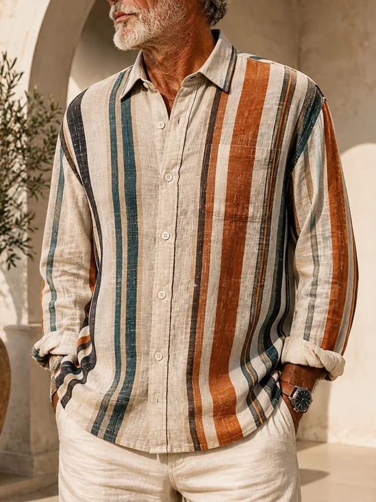 Linen-Texture Abstract Geometric Stripe Casual Long-Sleeve Shirt