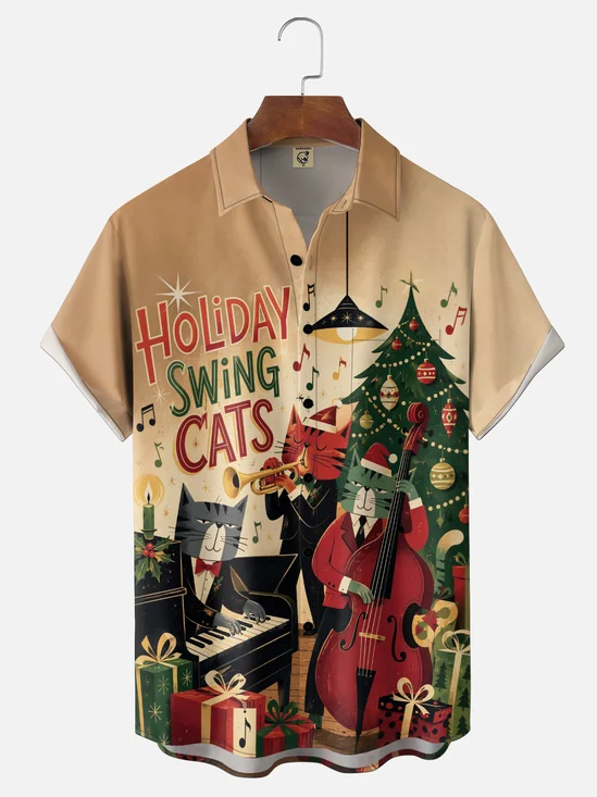 Moisture-Wicking Christmas "Holiday Swing Cats" Vintage-Style Band Chest Pocket Holiday Hawaiian Shirt