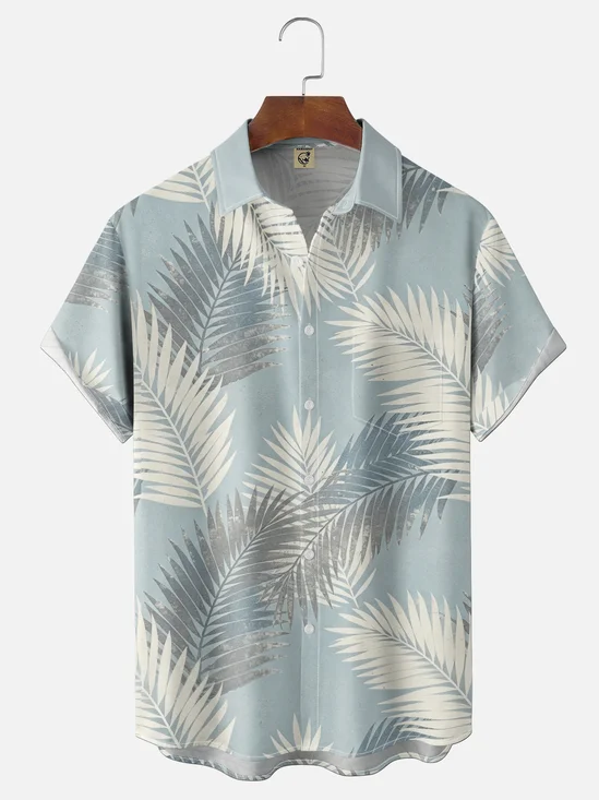 Moisture-Wicking Retro Tropical Palm Leaf Chest Pocket Hawaiian Shirt