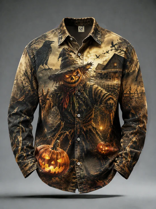 Moisture-Wicking Halloween Pumpkin Scarecrow Chest-Pocket Casual Long-Sleeve Shirt